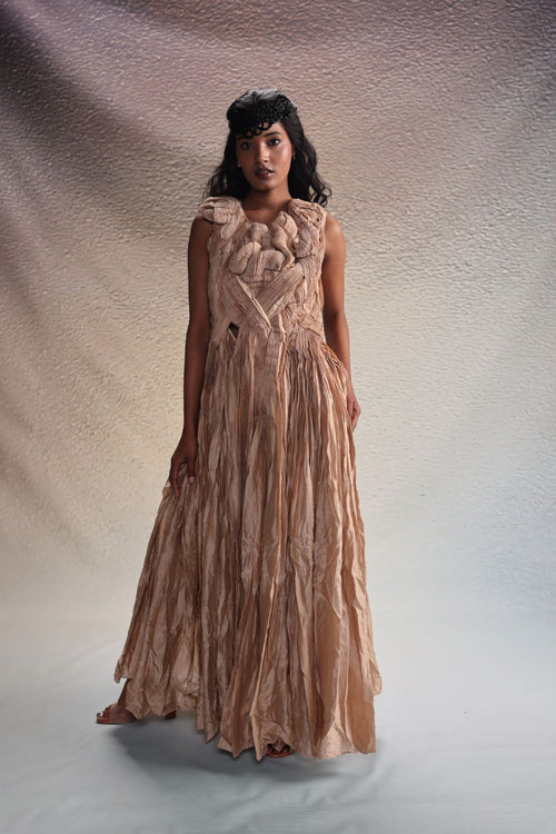 Beige Sculpted Draped Dress