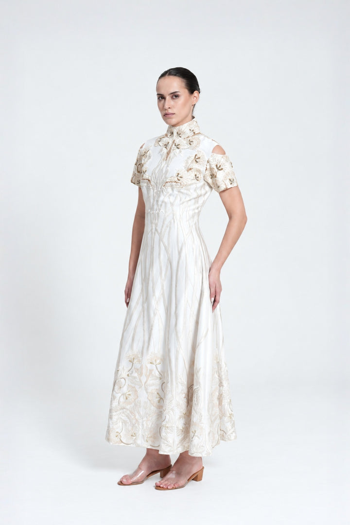 Ivory High Neck  Contrasting Silver Embroidered Dress