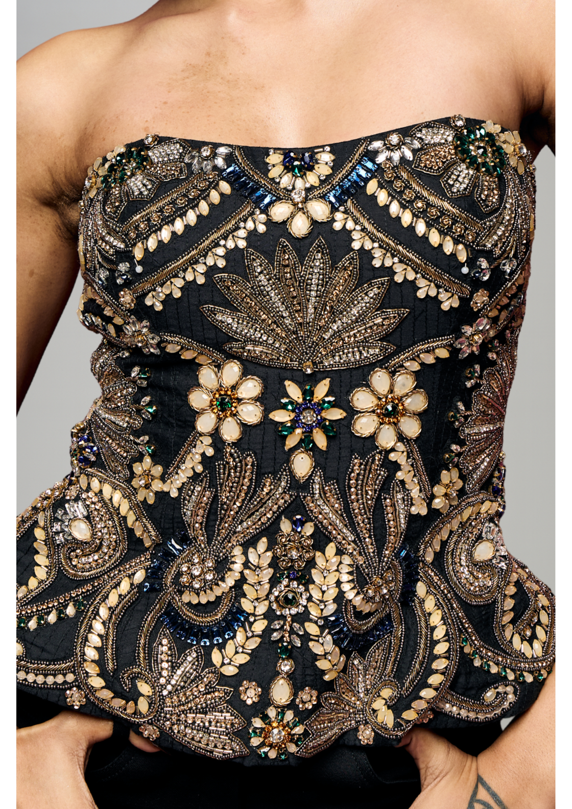 Elegant Black Co-Ord Set with an Embroidered Strapless Top and Embellished Trousers