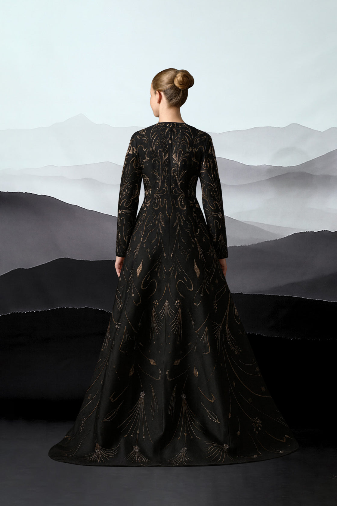 Elegant Black Full-Length Gown With Intricate Gold Embroidery
