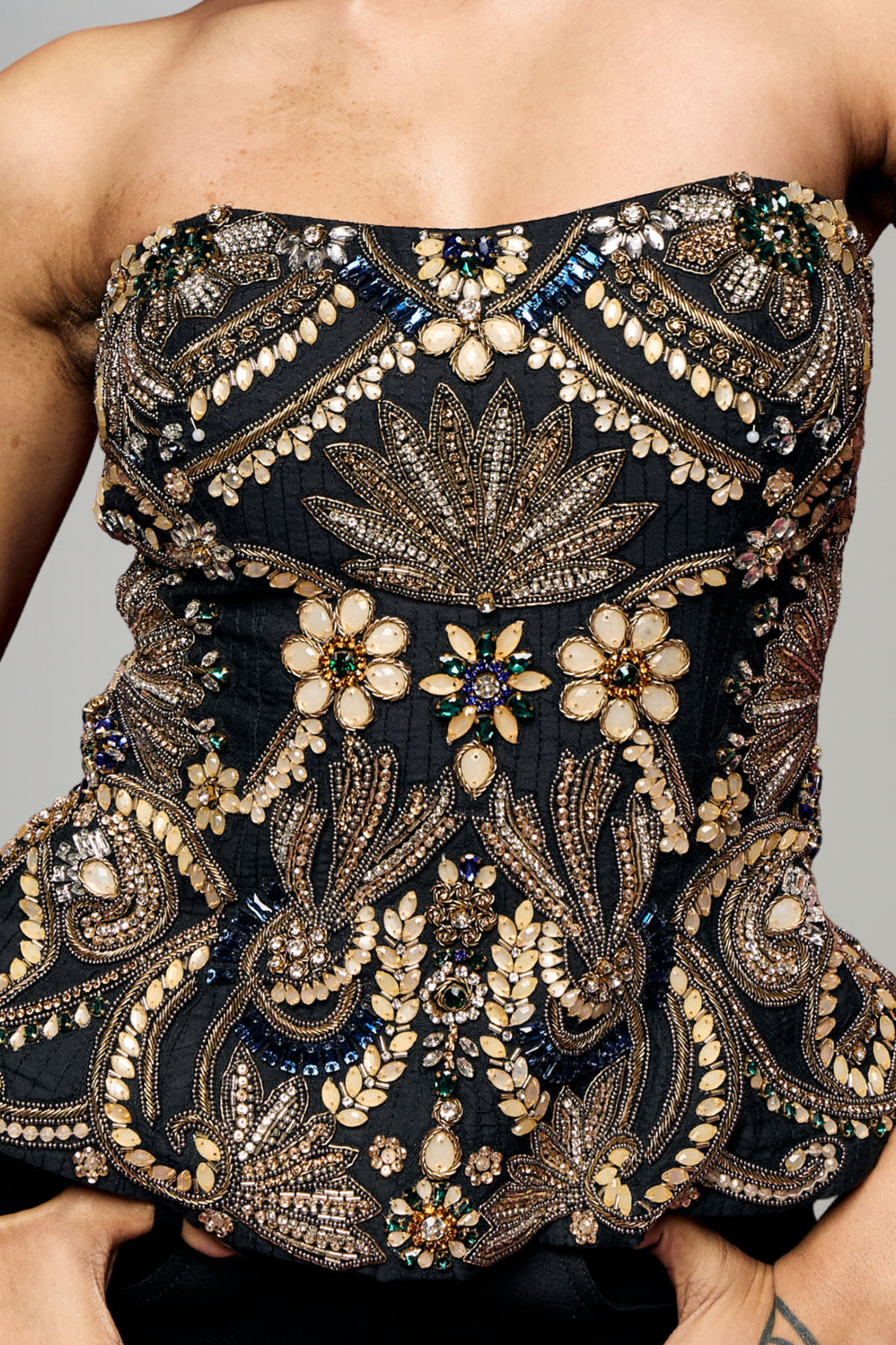 Elegant Black Co-Ord Set With An Embroidered Strapless Top And Embellished Trousers