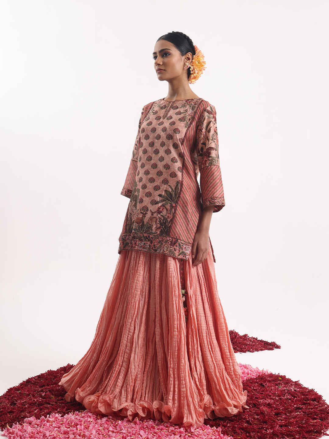 Long skirt paired with a digitally printed short kurta.