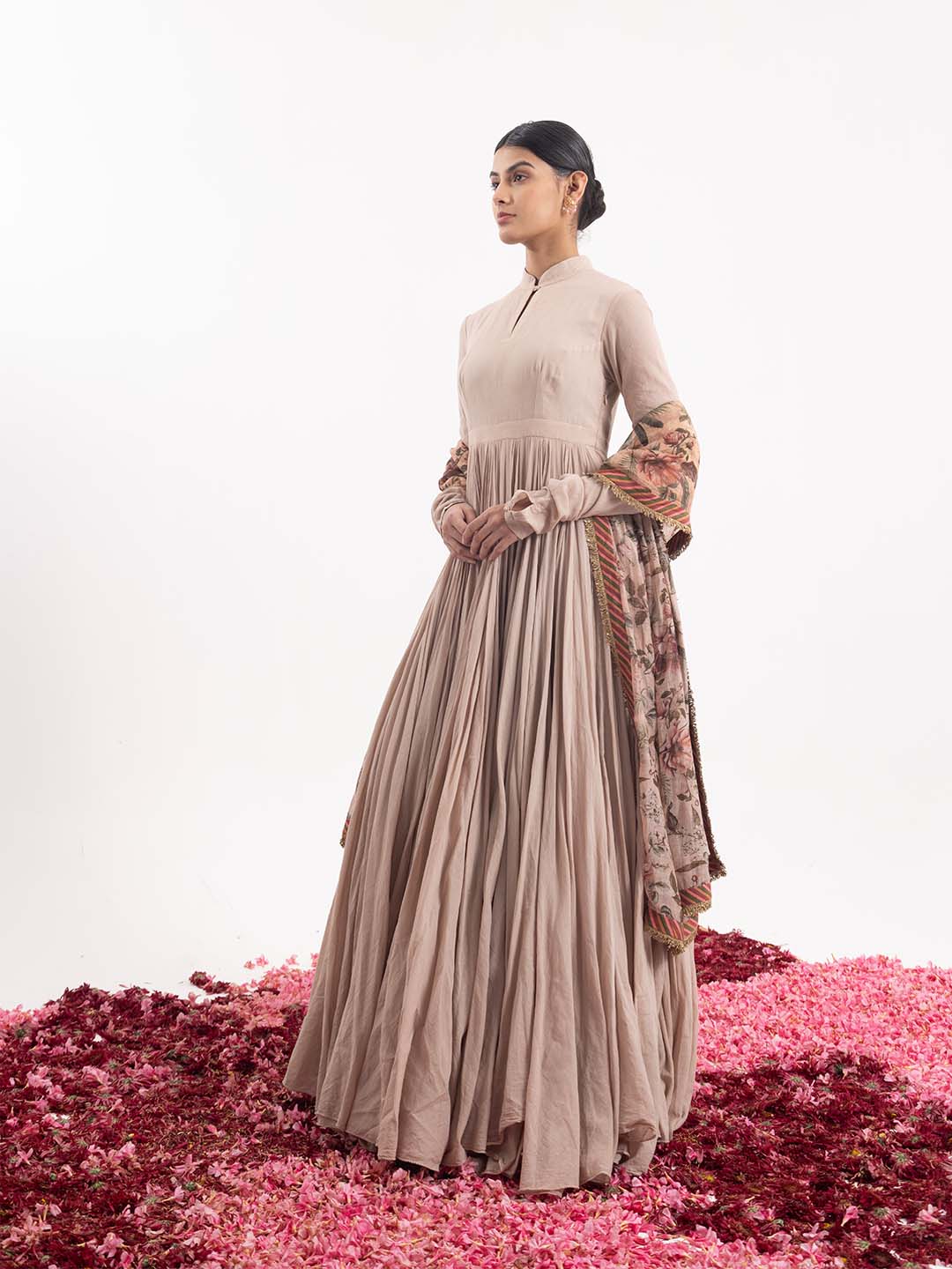 Anarkali paired with a printed dupatta.