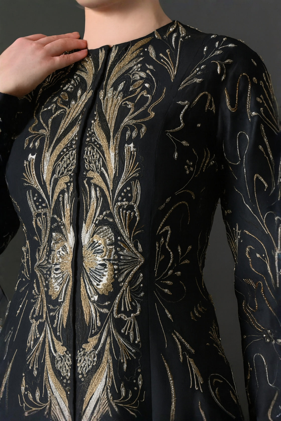 Elegant Black Full-Length Gown With Intricate Gold Embroidery