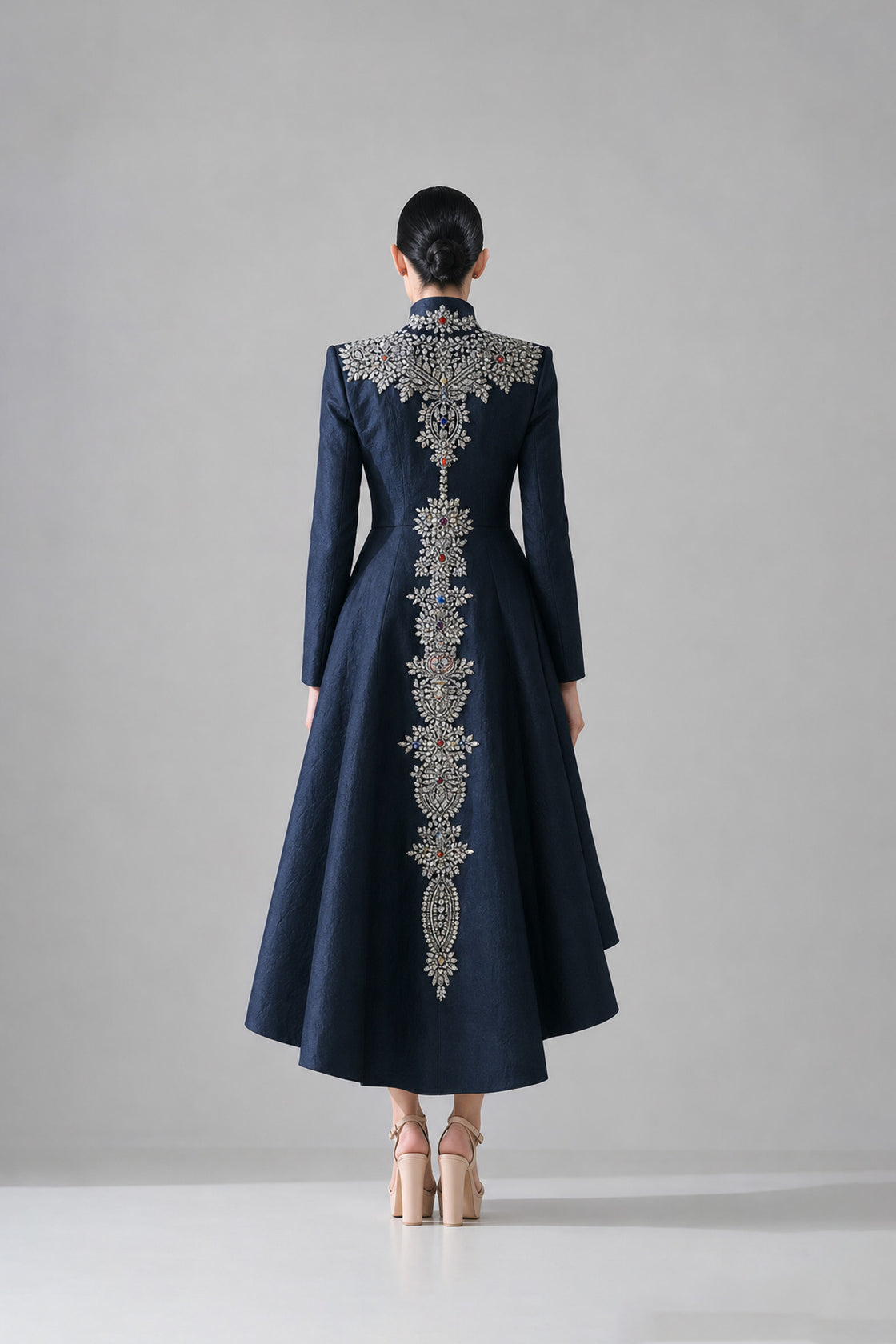 Navy Blue High-Low Dress Defined By Artisanal Embroidery