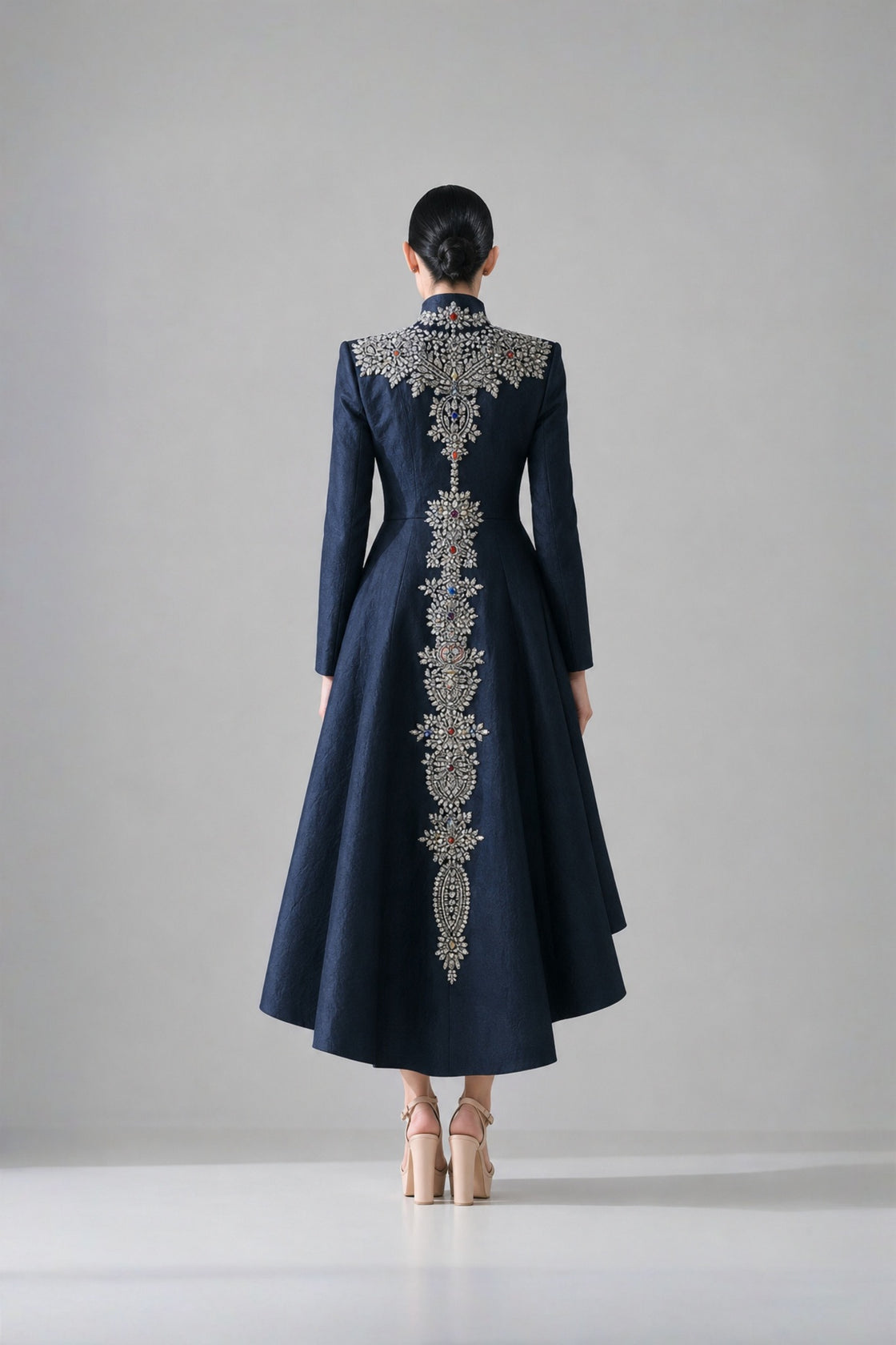 Navy Blue High-Low Dress Defined By Artisanal Embroidery
