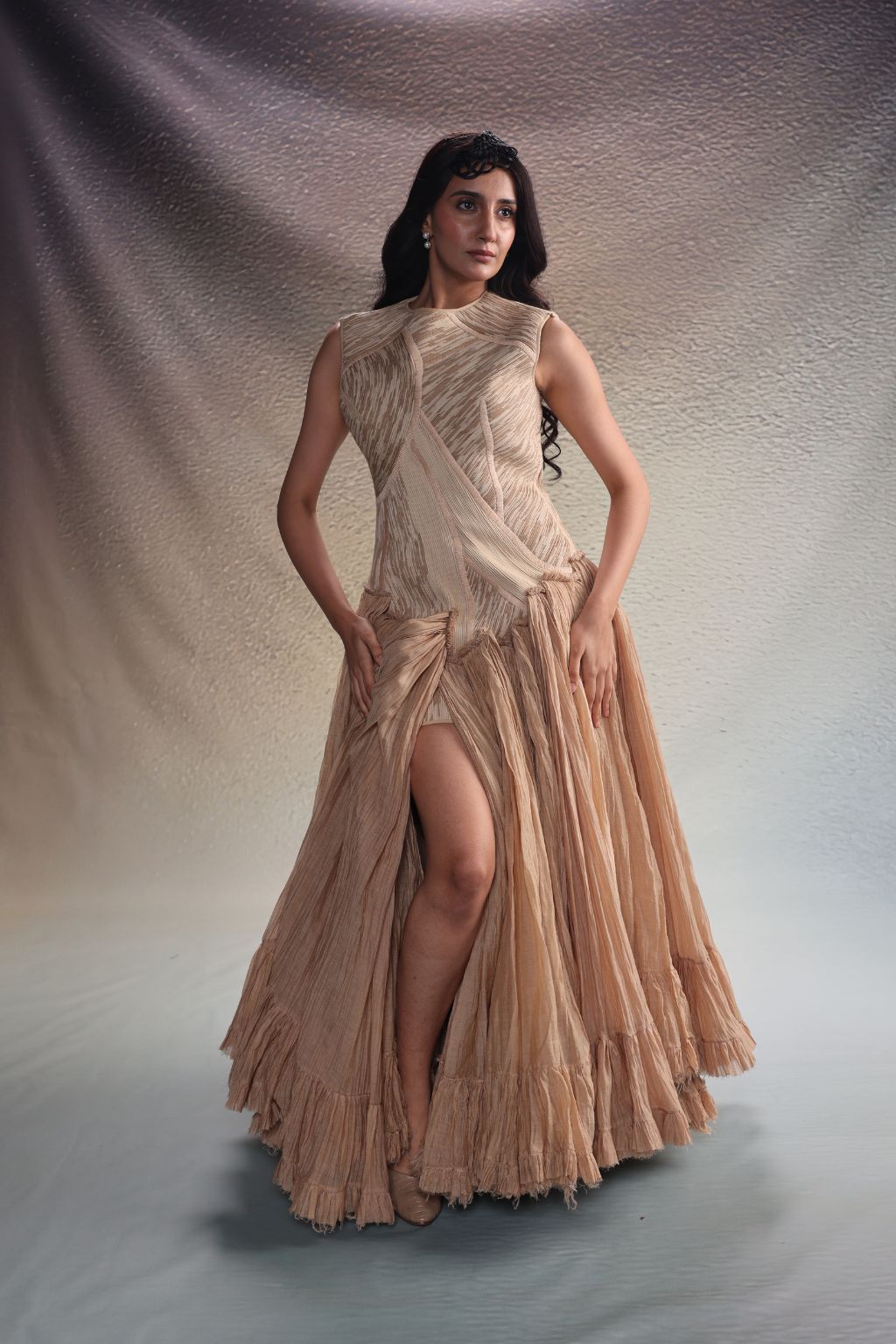 Beige Textured Panels Gown