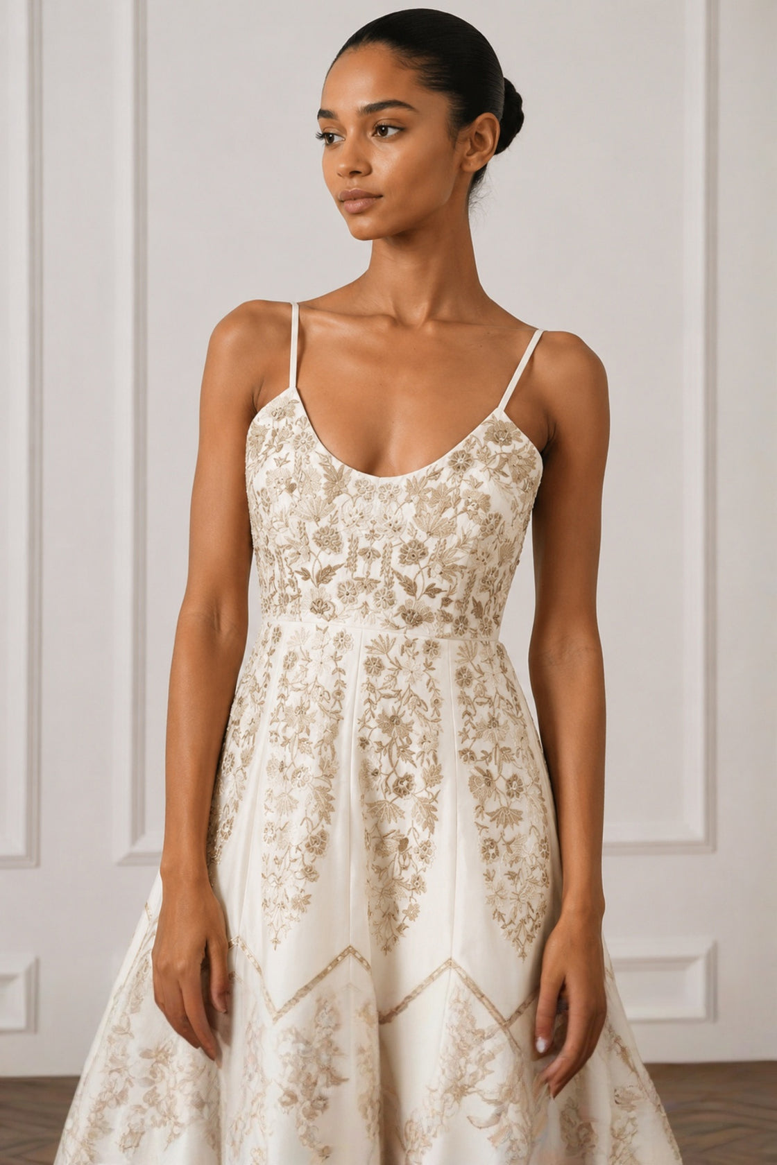 Ivory Gold Threadwork Embroidered Deep Neck Midi-Dress