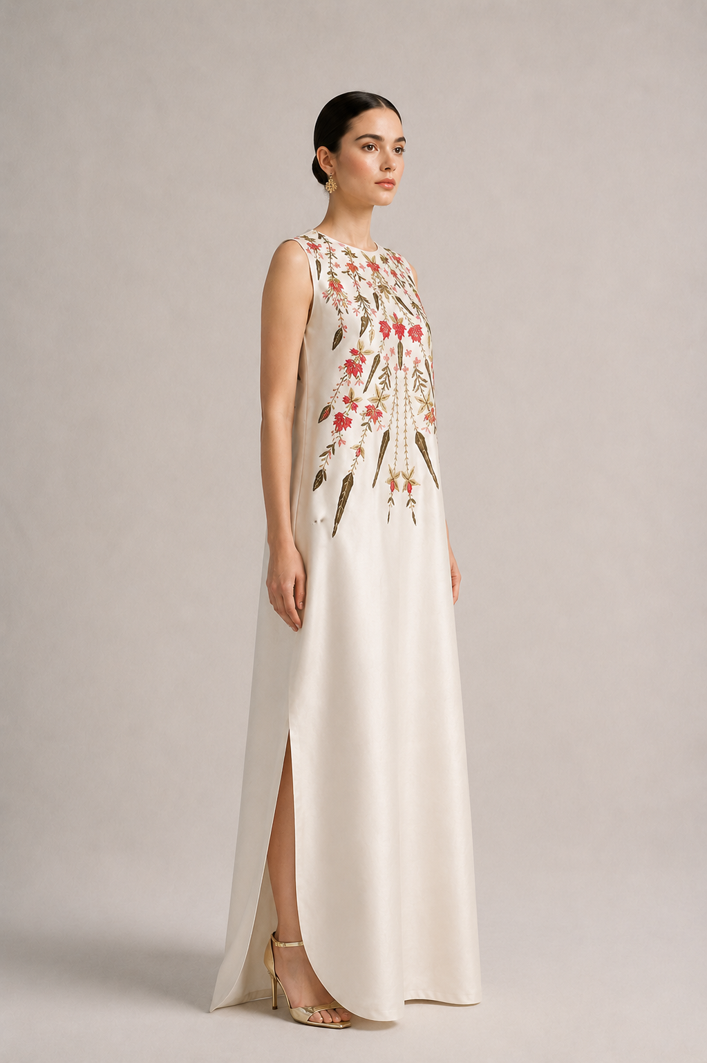 Embroidered Curved Hemline Dress