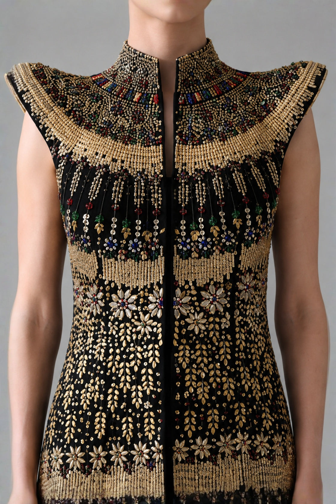 Black Silhouette With Structured Shoulders And Ornate Gold Embroidery