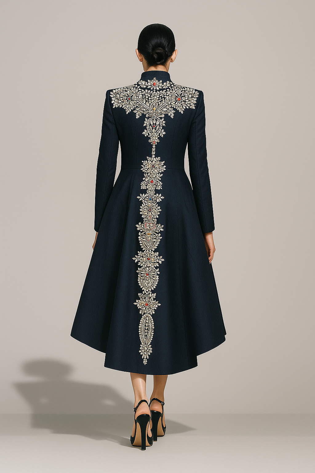 Navy Blue High-Low Silhouette Defined by Artisanal Embroidery