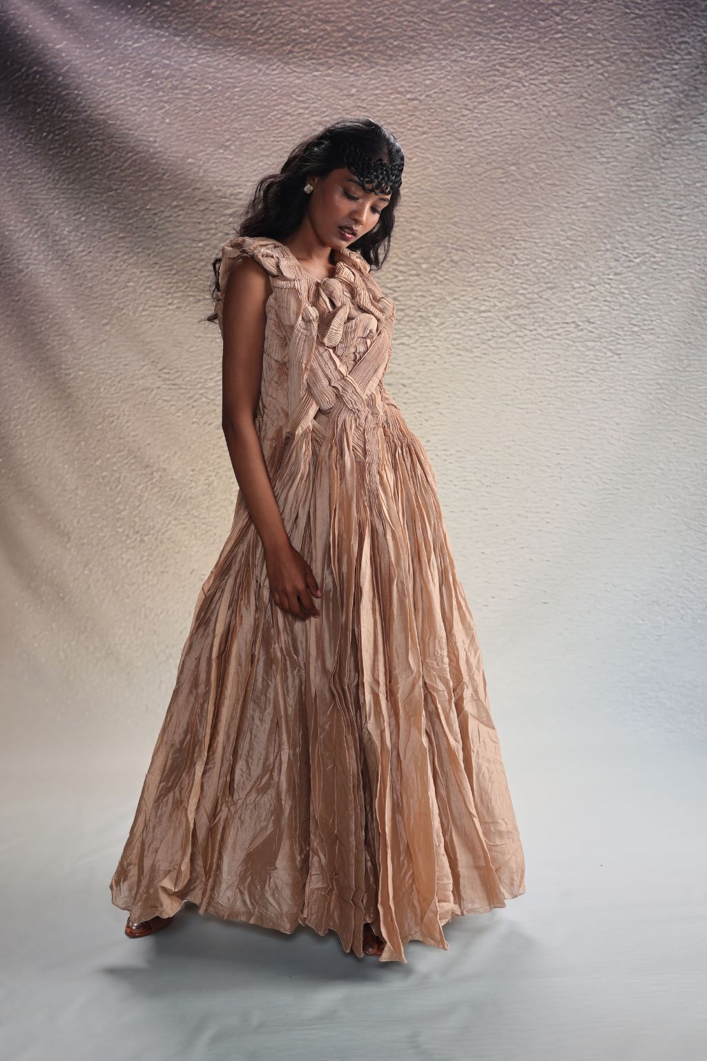 Beige Sculpted Draped Dress