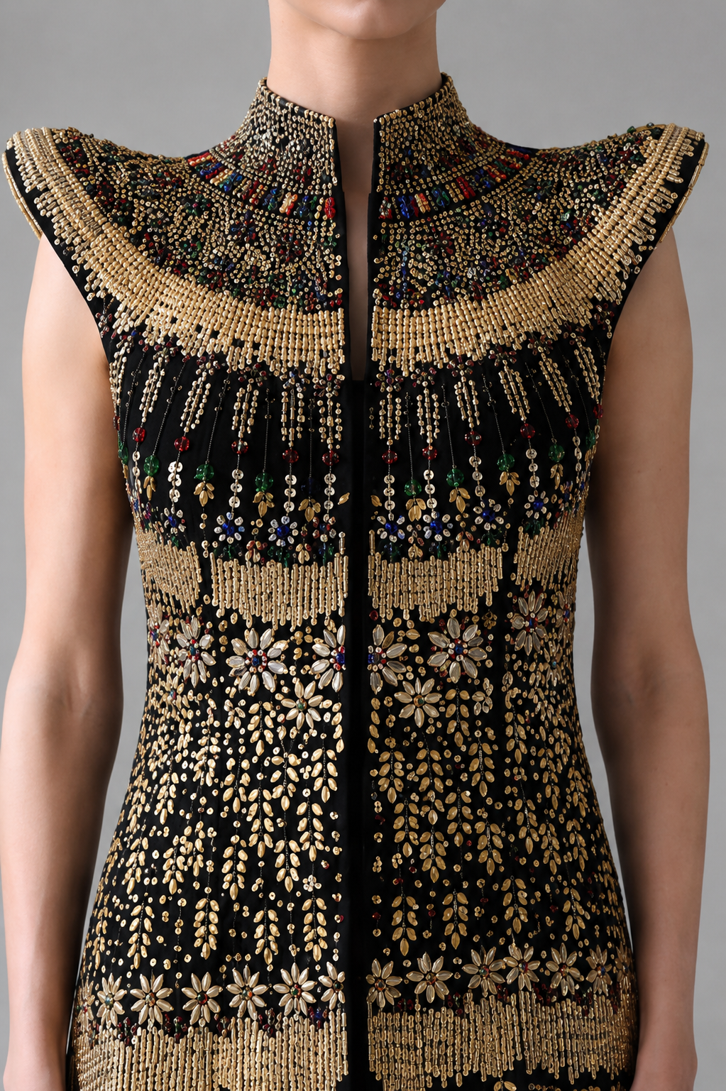 Black Silhouette with Structured Shoulders and Ornate Gold Embroidery