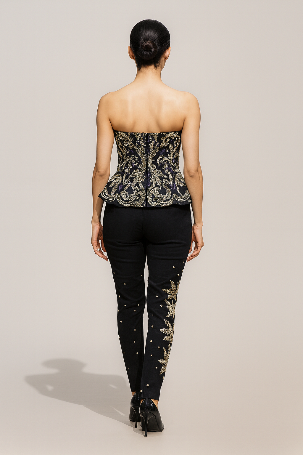 Elegant Black Co-Ord Set with an Embroidered Strapless Top and Embellished Trousers