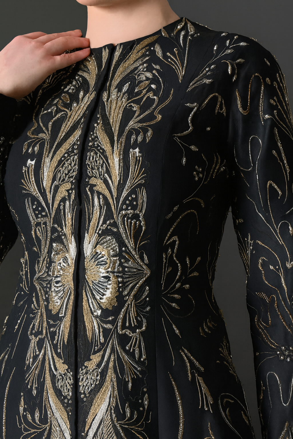 Elegant Black Full-Length Gown with Intricate Gold Embroidery