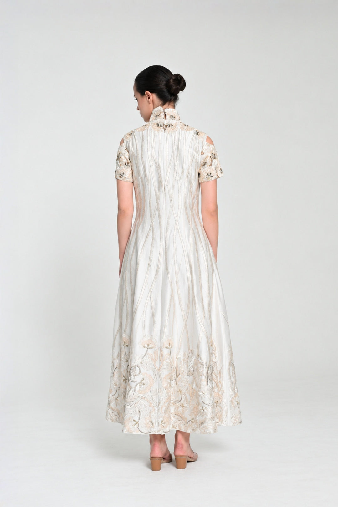 Ivory High Neck  Contrasting Silver Embroidered Dress