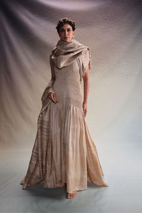 Beige Panelled Drape Dress