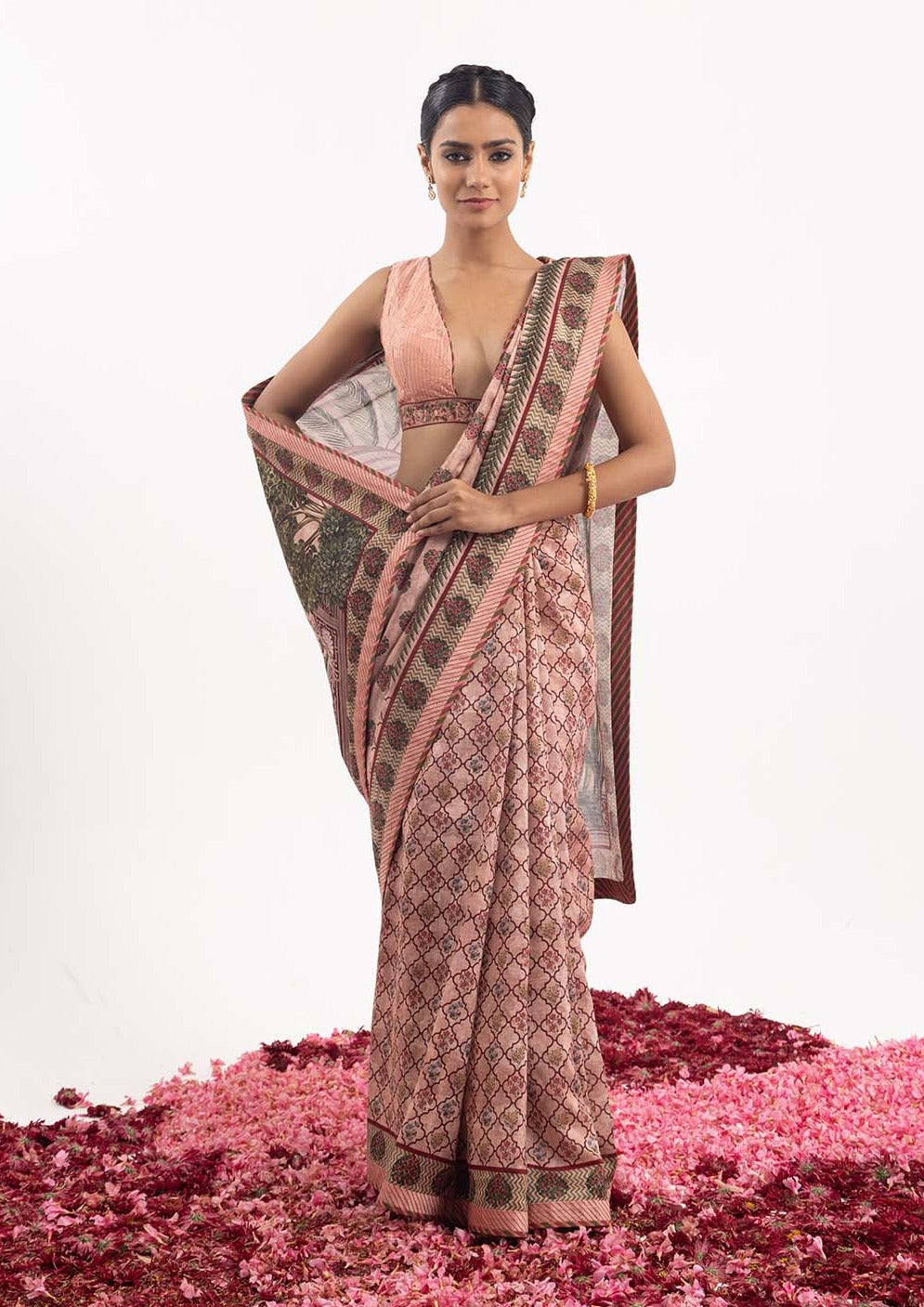 Printed saree on cotton silk fabric.
