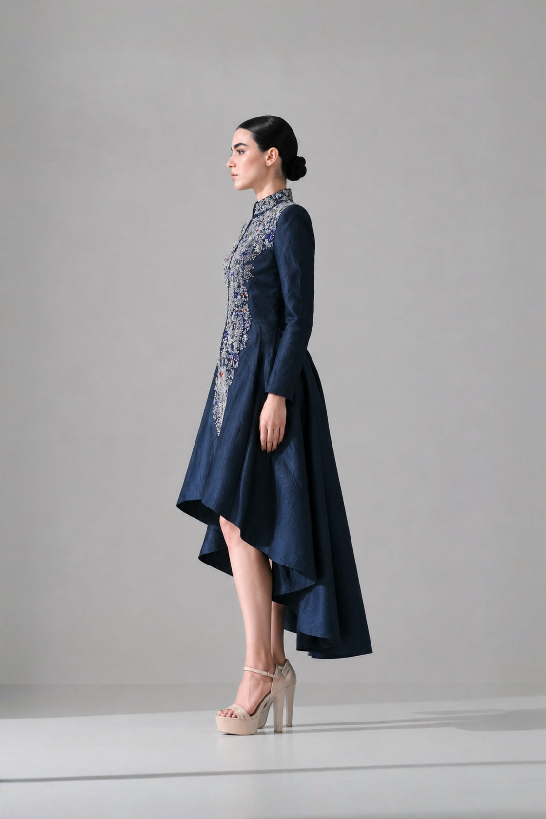 Navy Blue High-Low Dress Defined By Artisanal Embroidery