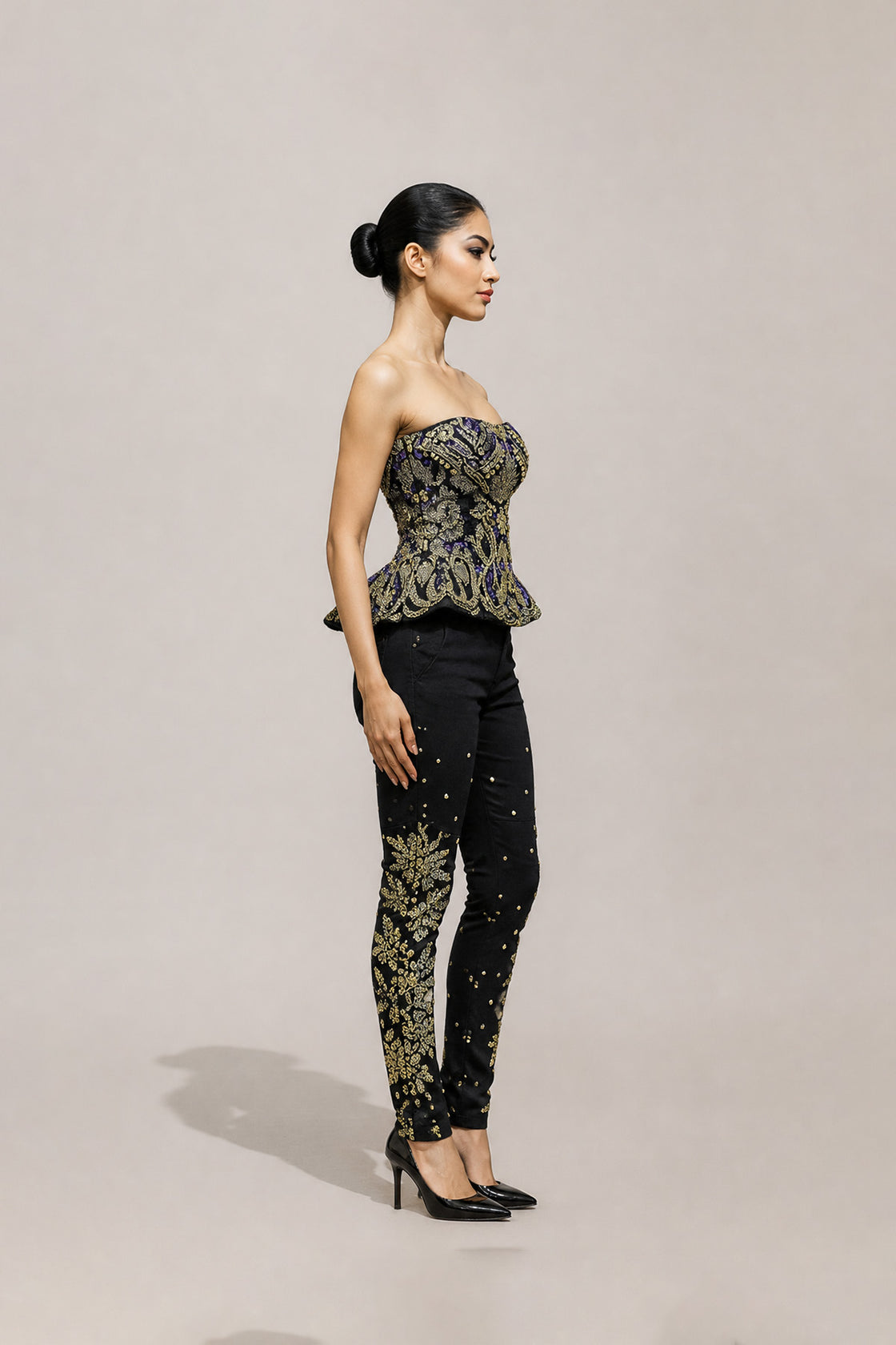 Elegant Black Co-Ord Set With An Embroidered Strapless Top And Embellished Trousers