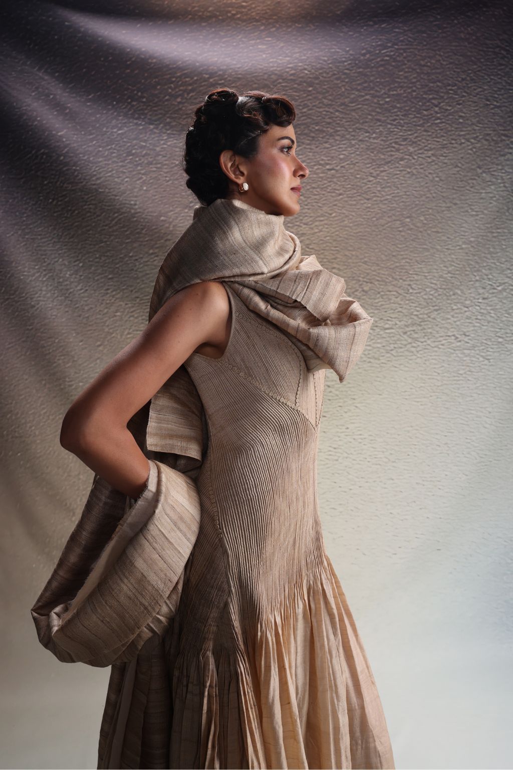 Beige Panelled Drape Dress