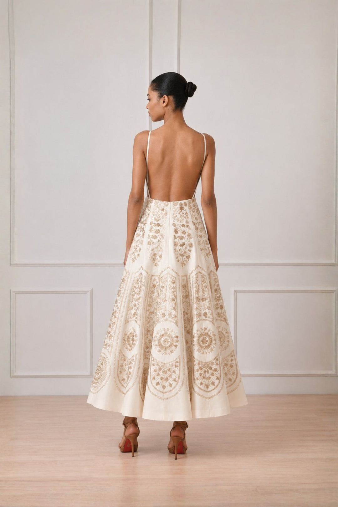 Ivory Gold Threadwork Embroidered Deep Neck Midi-Dress