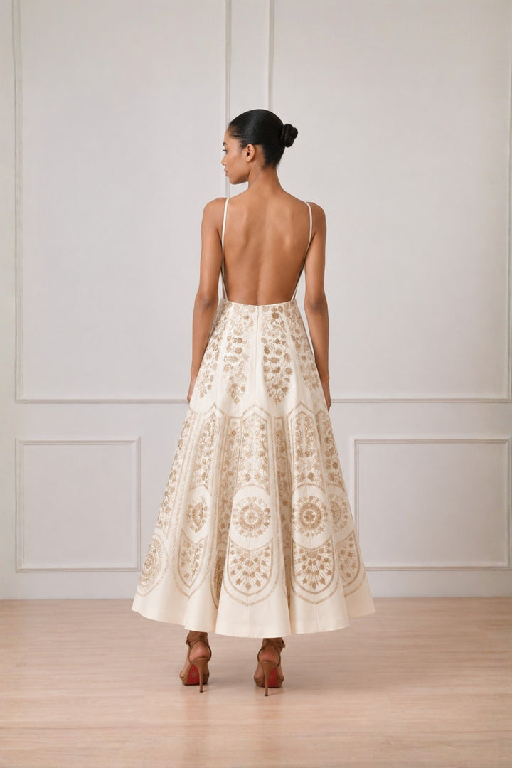 Ivory Gold Threadwork Embroidered Deep Neck Midi-Dress