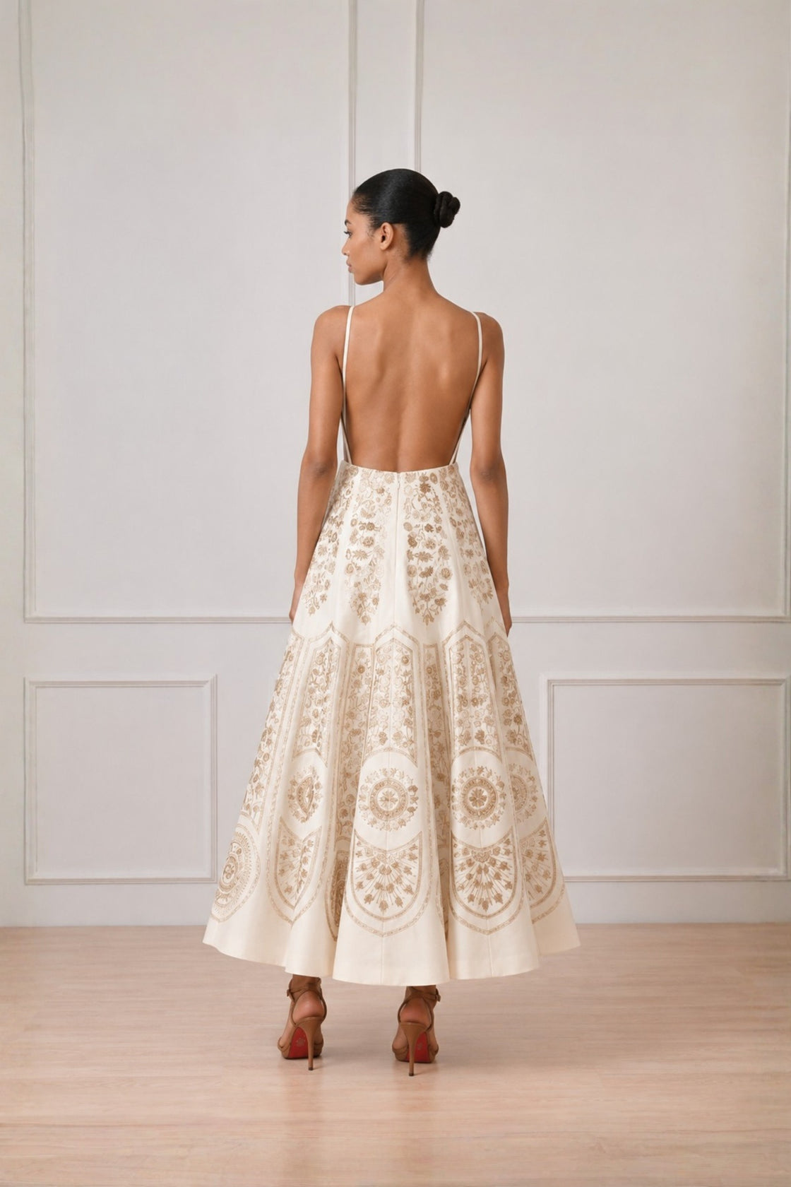 Ivory Gold Threadwork Embroidered Deep Neck Midi-Dress