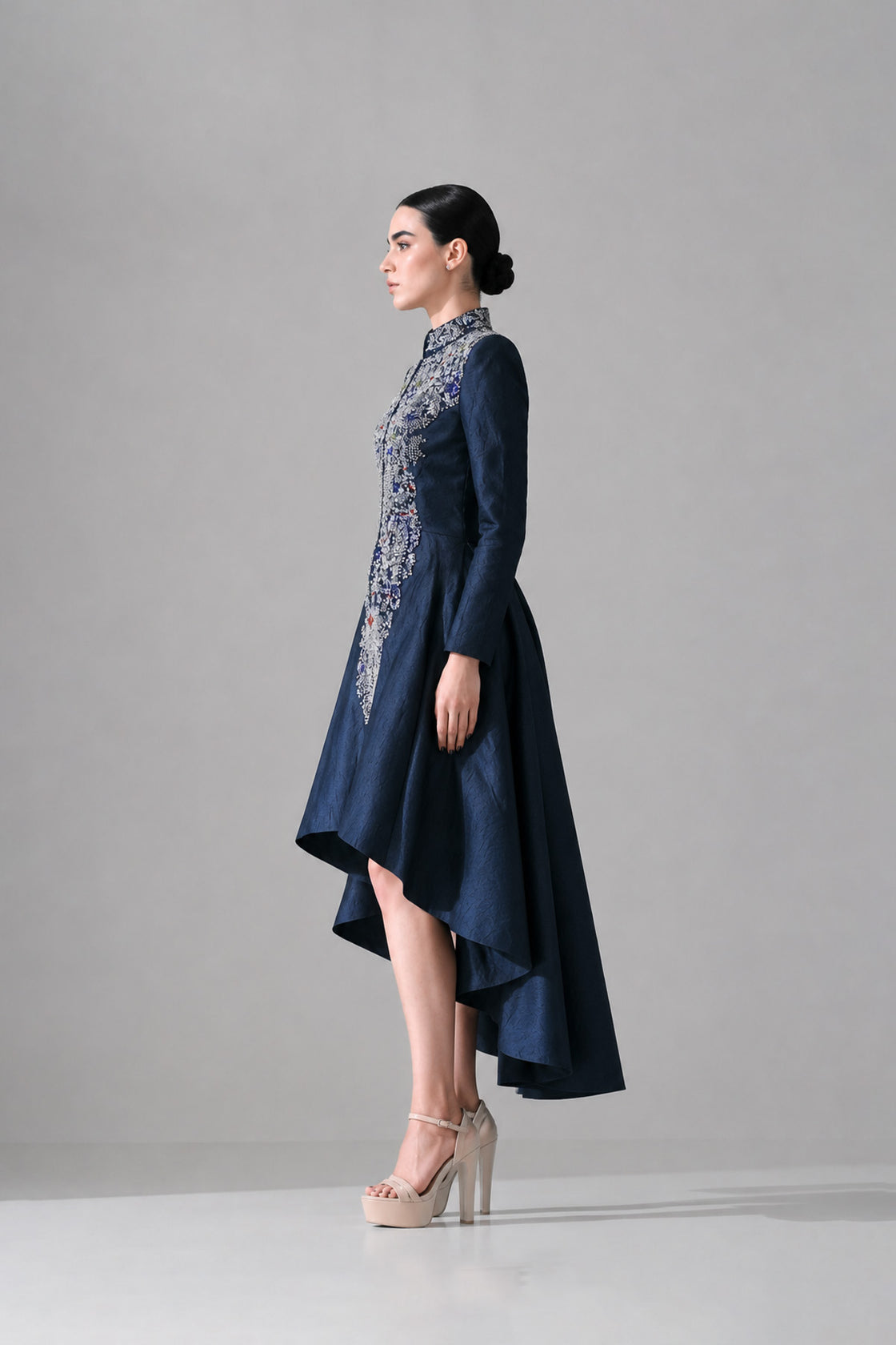 Navy Blue High-Low Dress Defined By Artisanal Embroidery