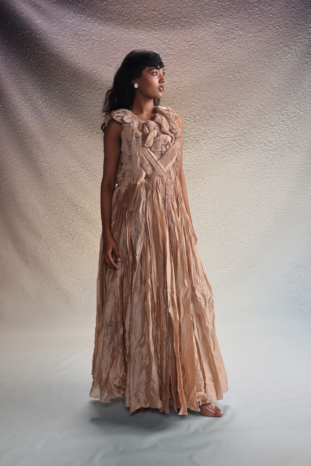 Beige Sculpted Draped Dress