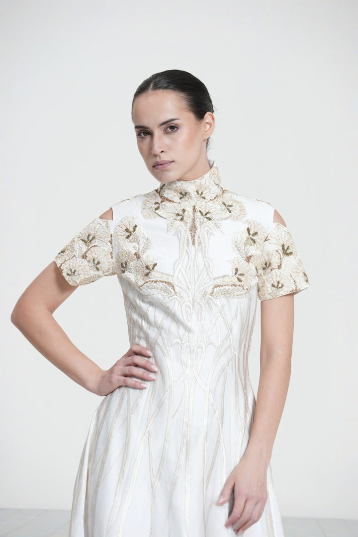Ivory High Neck  Contrasting Silver Embroidered Dress