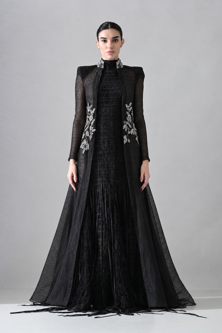 Black Silhouette Withsheer Layers with Silver Embroidery and stone work with textured dress inside
