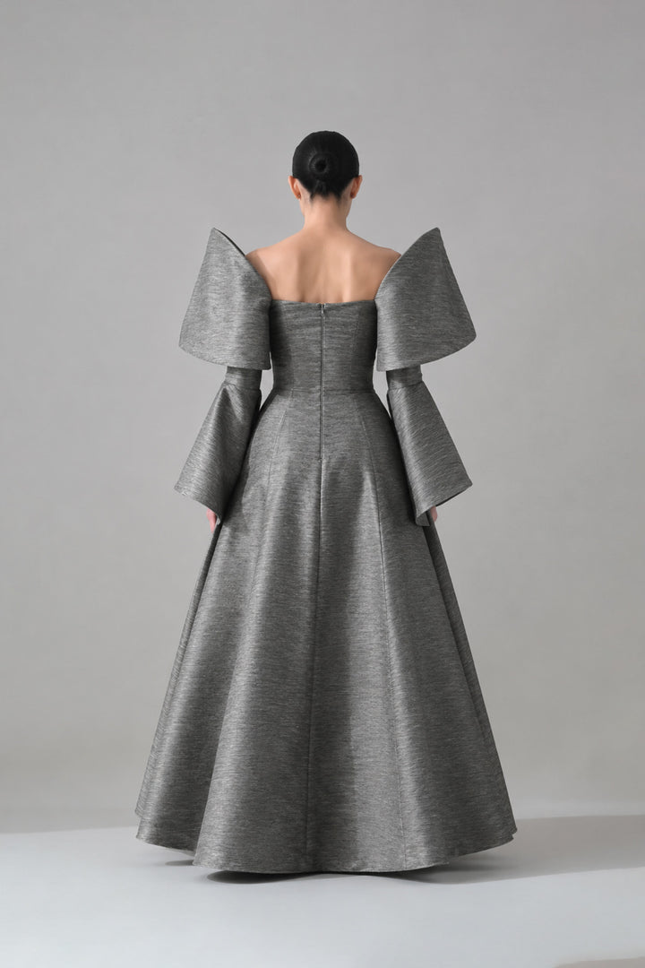 Grey Gown With Cocooned Sleeves And Hand-Embroidered Detail