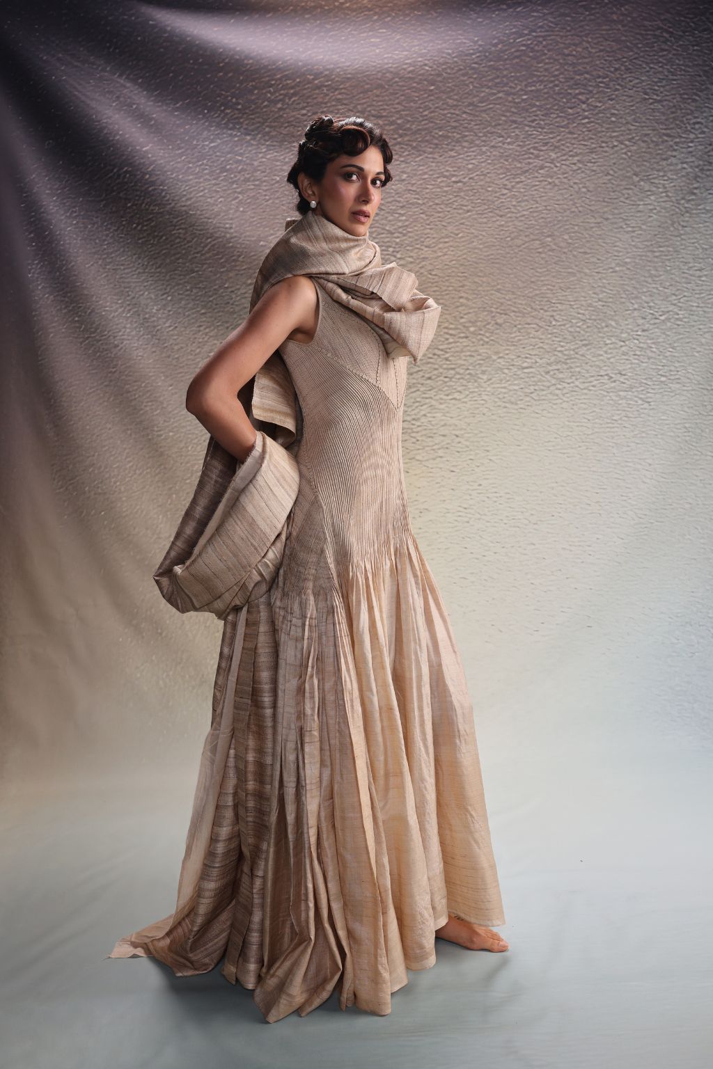 Beige Panelled Drape Dress