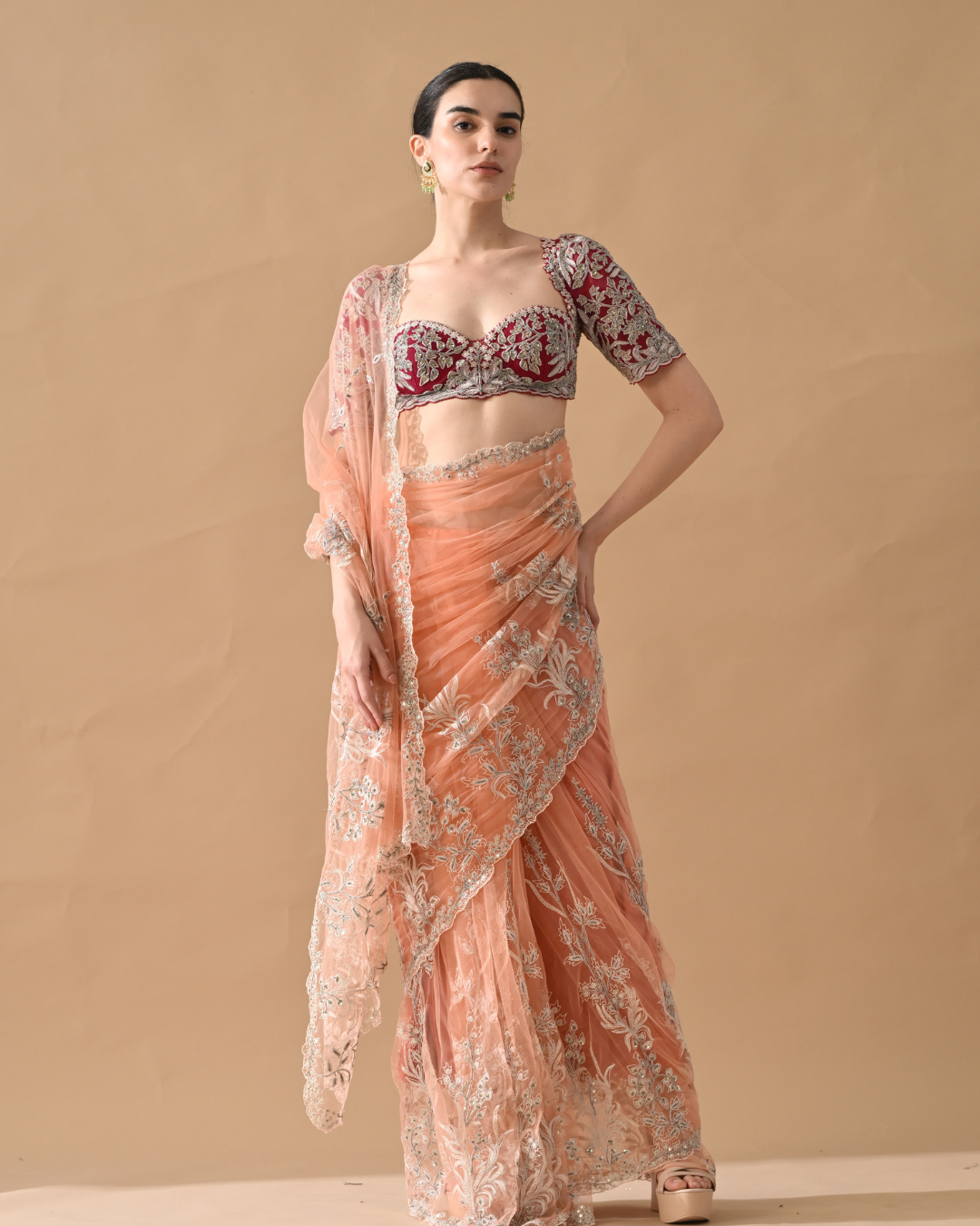 Peach Embroidered Saree