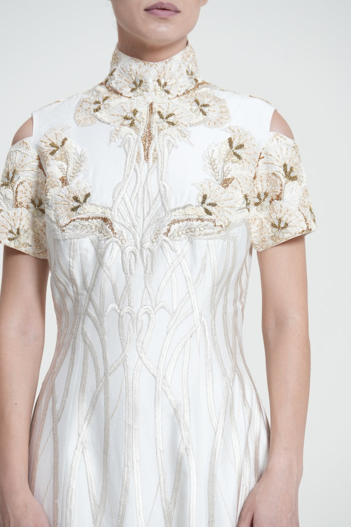 Ivory High Neck  Contrasting Silver Embroidered Dress
