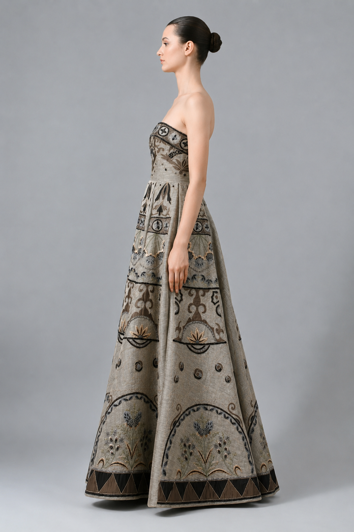 Fit &amp; Flare Bustier Embroidered Gown