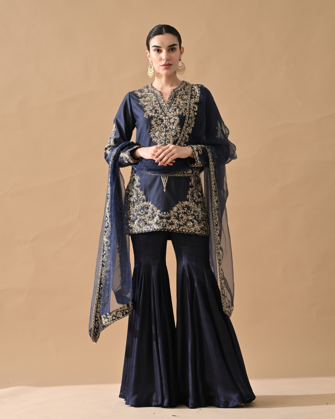 Navy Blue Cotton Silk Sharara Set