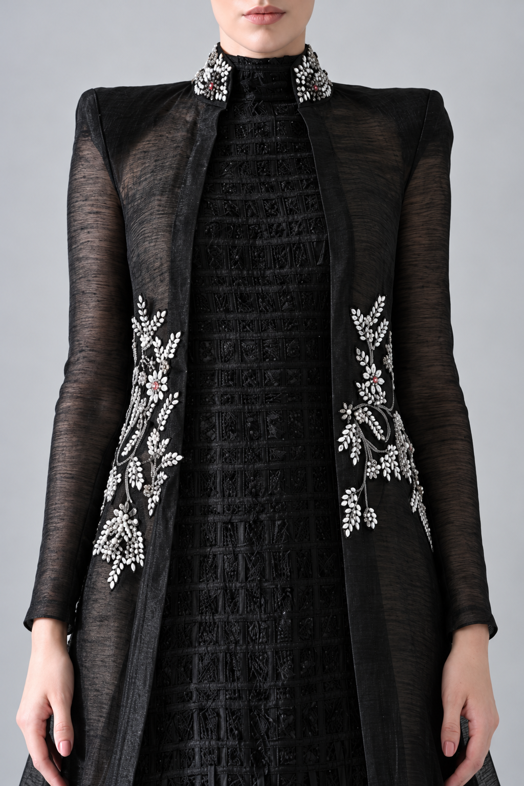 Black Silhouette Withsheer Layers with Silver Embroidery and stone work with textured dress inside