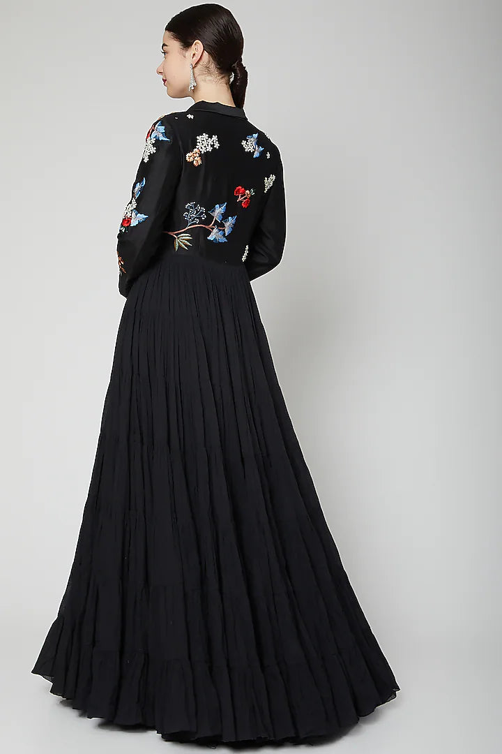 Black Embroidery Long Ghera Gown