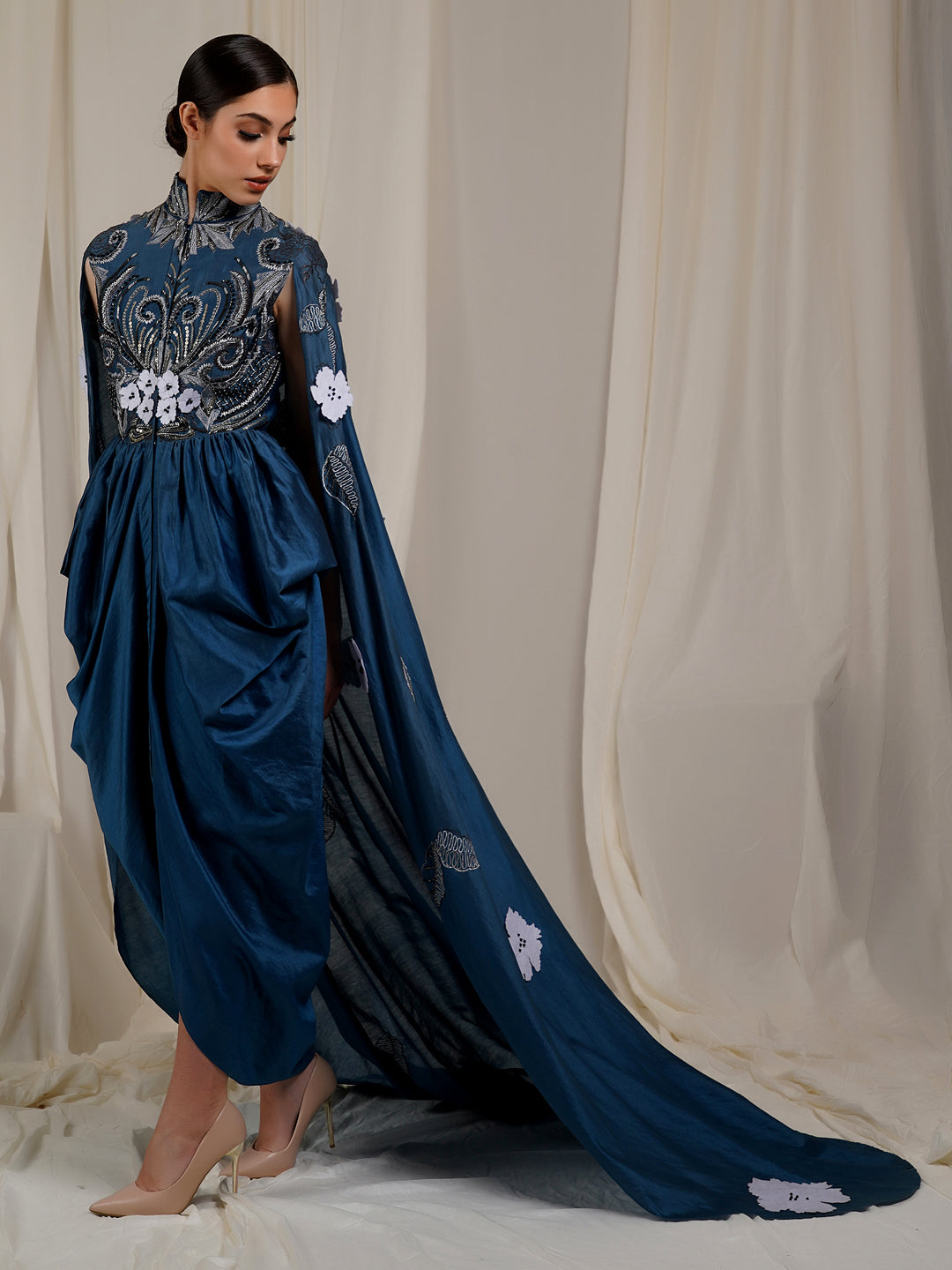 A blue cotton Silk Dress That Gives The Illusion Of A Dhoti