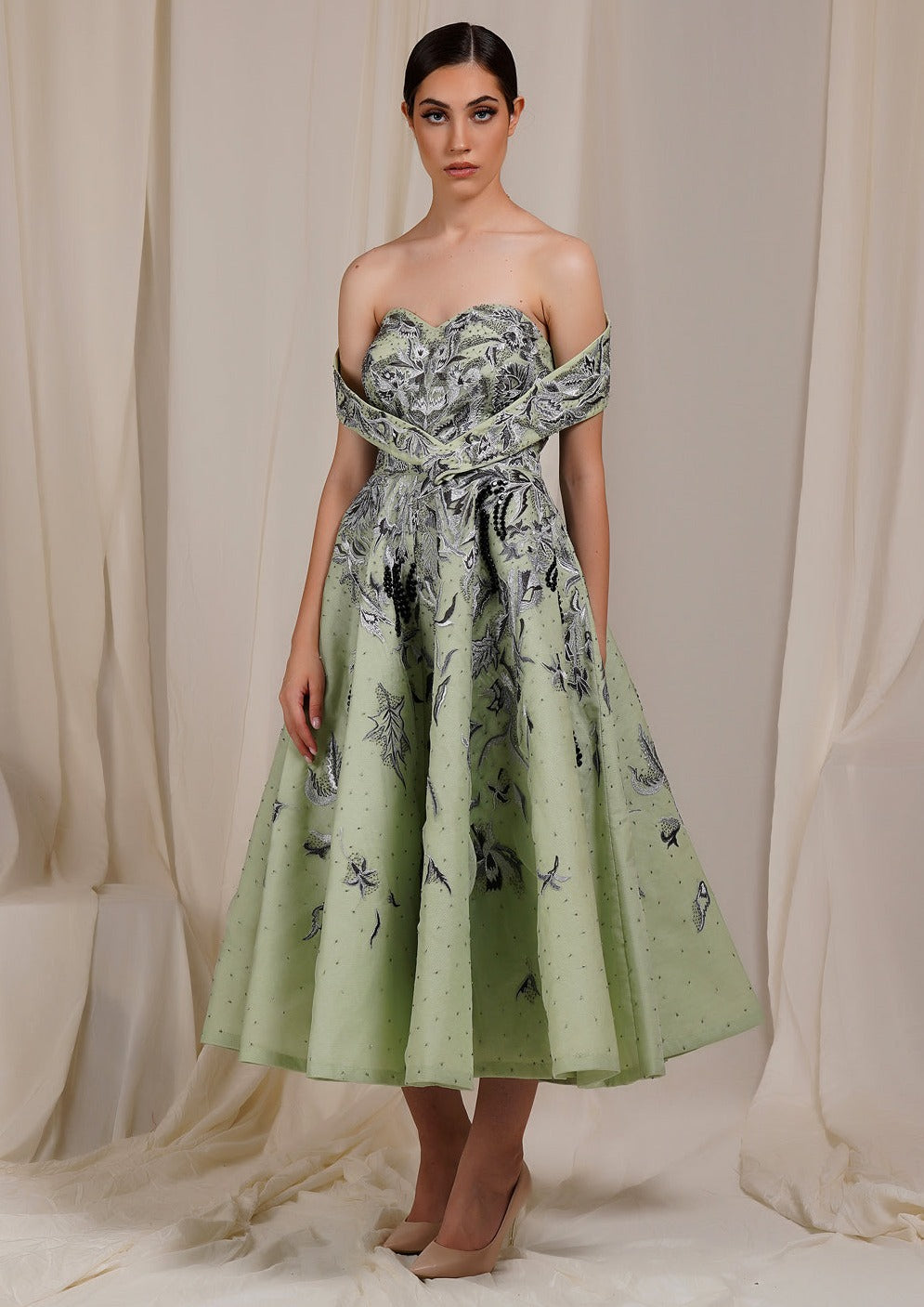 A Sea green Off-Shoulder, Calf Length Cotton Silk Gown