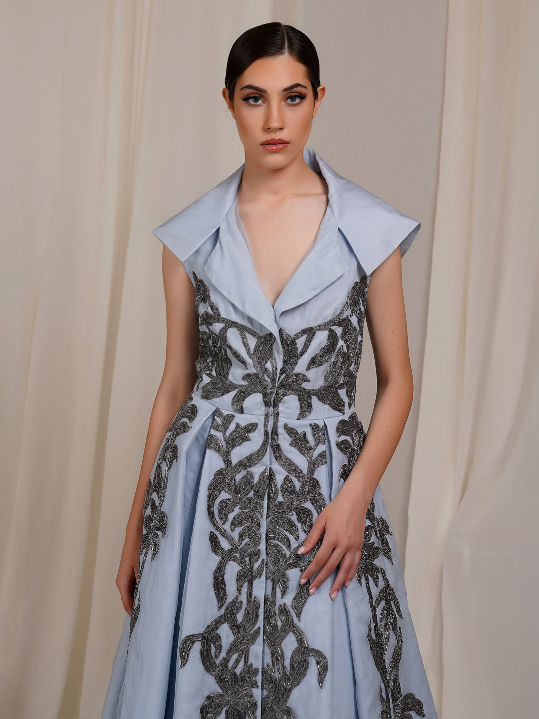 A ice blue organza  silk Floor-Length Dress That Has A Plunging V-Neck