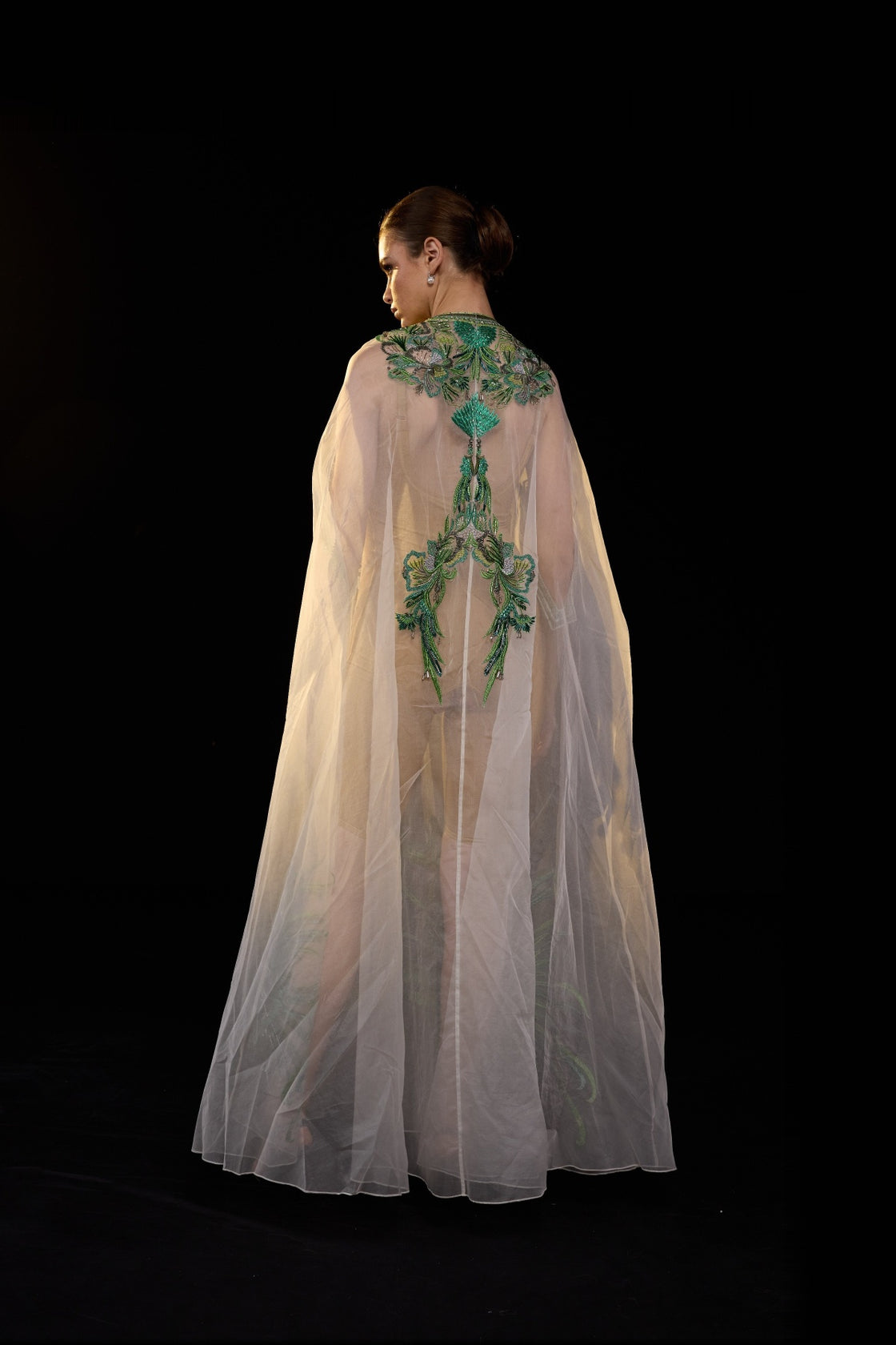 Ivory Embellished Cape Gown With Green Sequin Detailing And Front Slit