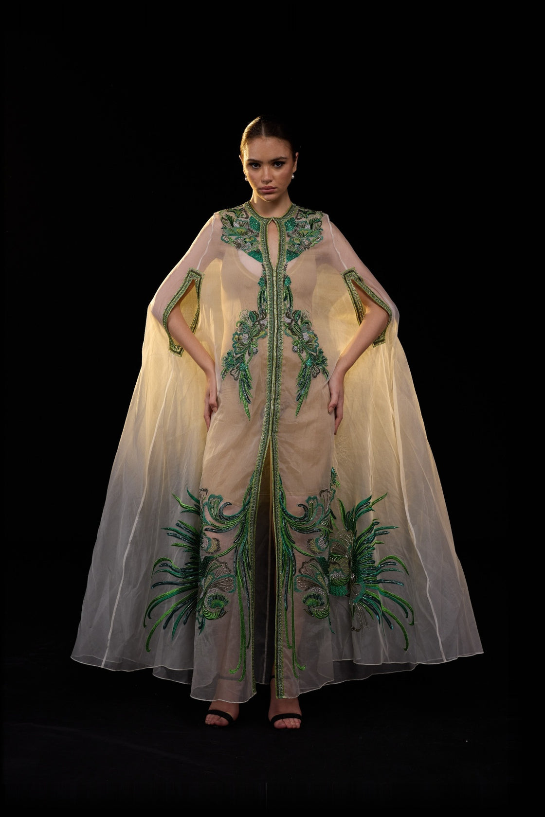 Ivory Embellished Cape Gown With Green Sequin Detailing And Front Slit