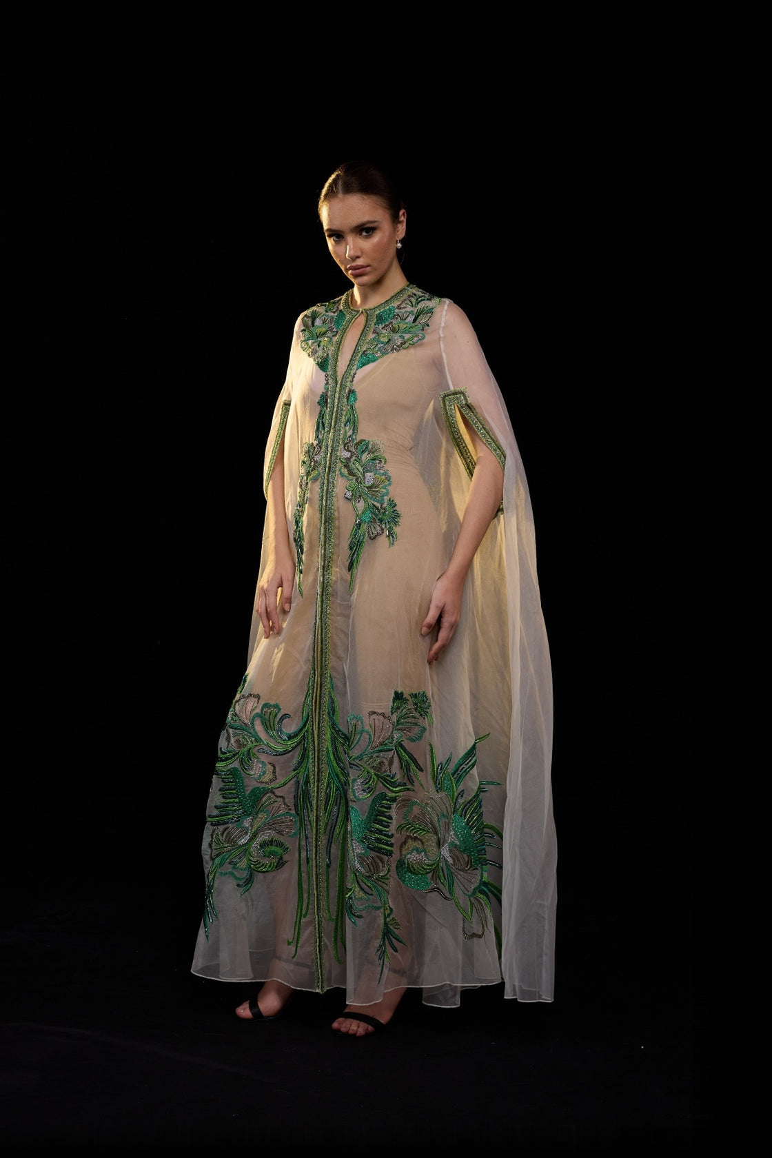 Ivory Embellished Cape Gown With Green Sequin Detailing And Front Slit