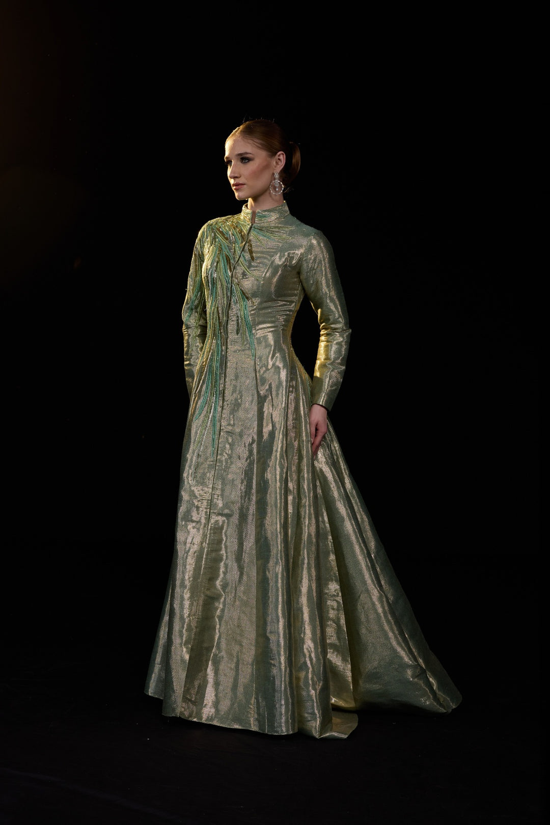 Metallic Sage High Neck A-Line Gown With Tonal Embellishments