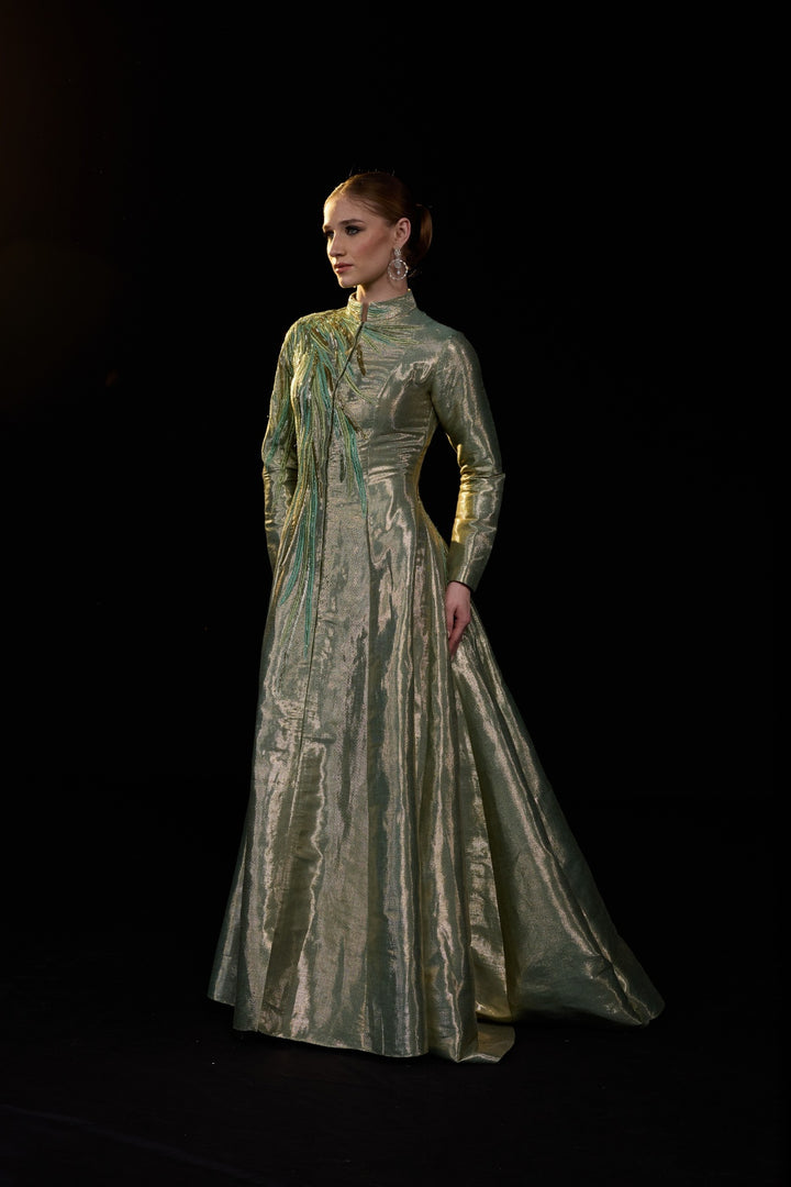 Metallic Sage High Neck A-Line Gown With Tonal Embellishments