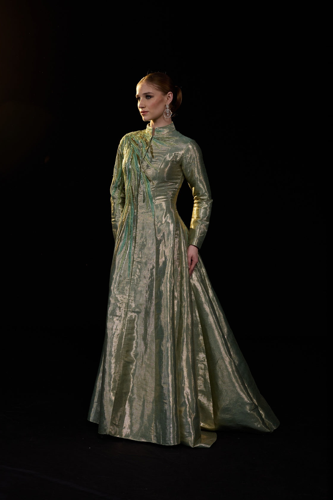 Metallic Sage High Neck A-Line Gown With Tonal Embellishments