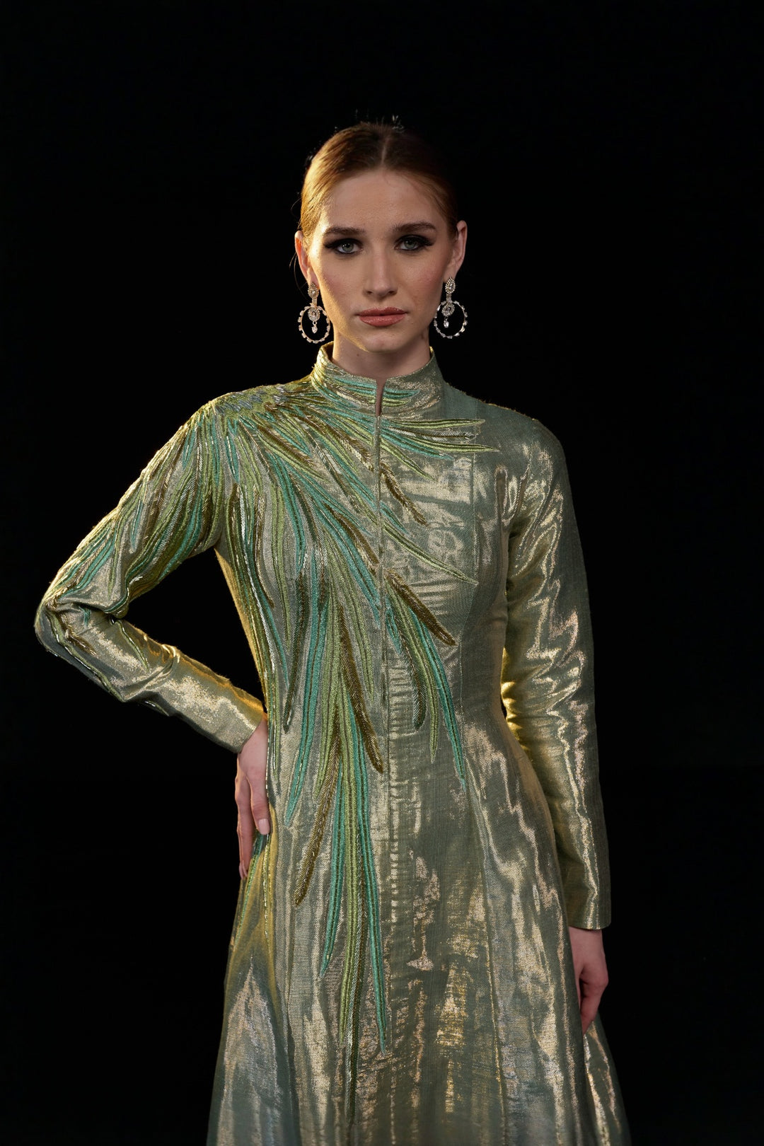 Metallic Sage High Neck A-Line Gown With Tonal Embellishments